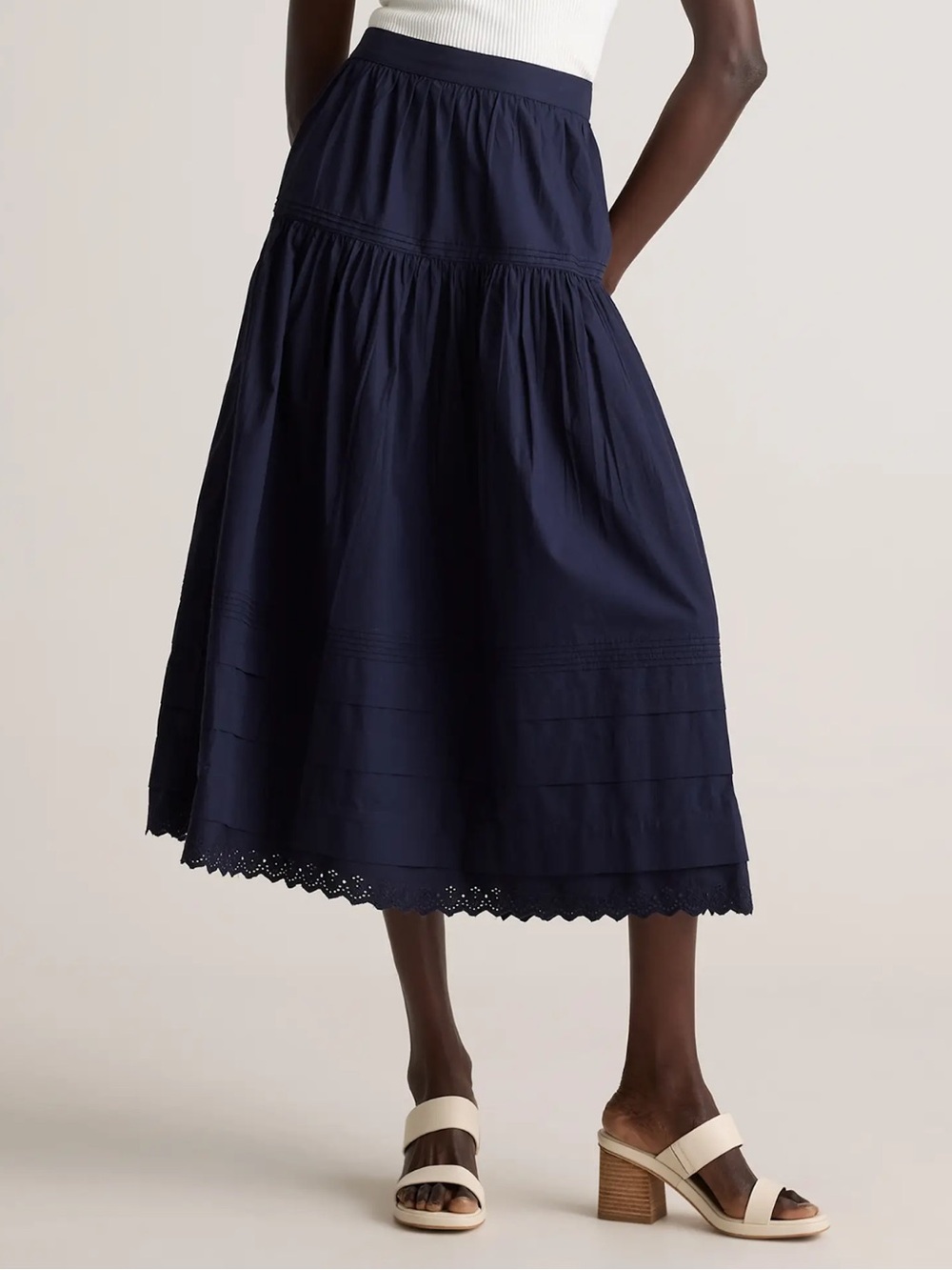 Quince Navy Tiered Midi Skirt with Eyelet Hem poplin pintuck maxi skirt